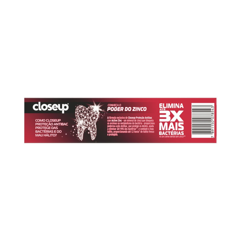 Parte traseira da embalagem do Gel Dental Close Up Poder Antibac Menta Intensa 90g com informações sobre o poder do zinco.